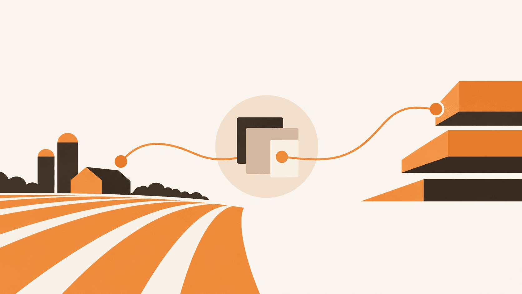 Illustration of a farm with grain storage, representing Farm Credit borrower relationships